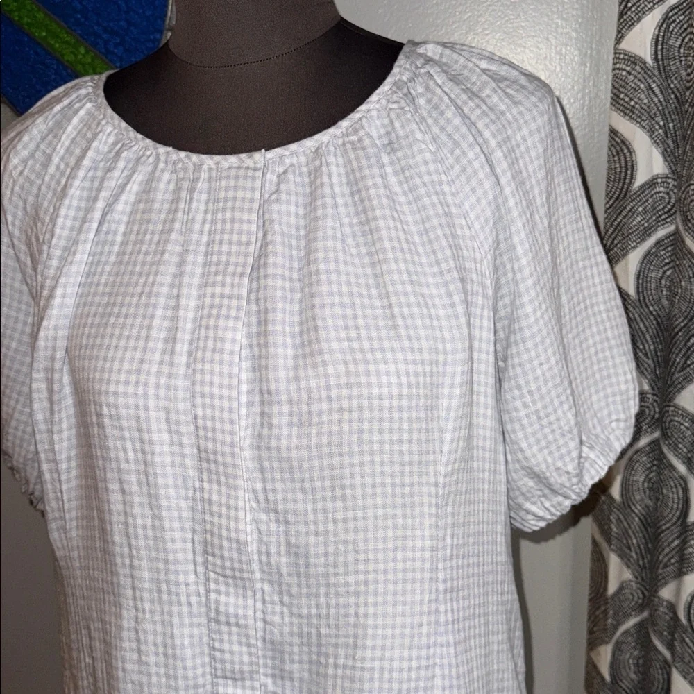 J Crew Gingham 100% Linen Midi Dress Puff Sleeve SZ 12